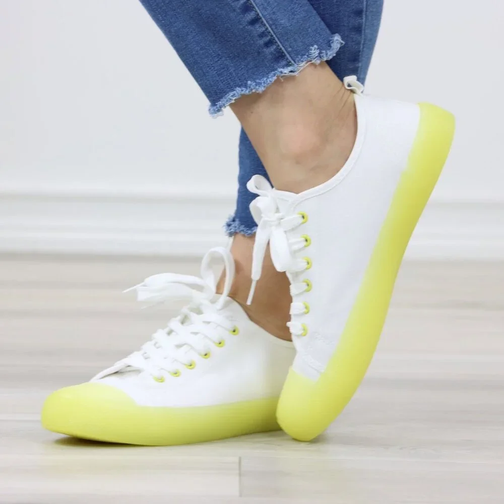 White & Neon Canvas Fabric Fashion Comfort Low Top Sneakers Shoes - Picture 8 of 14